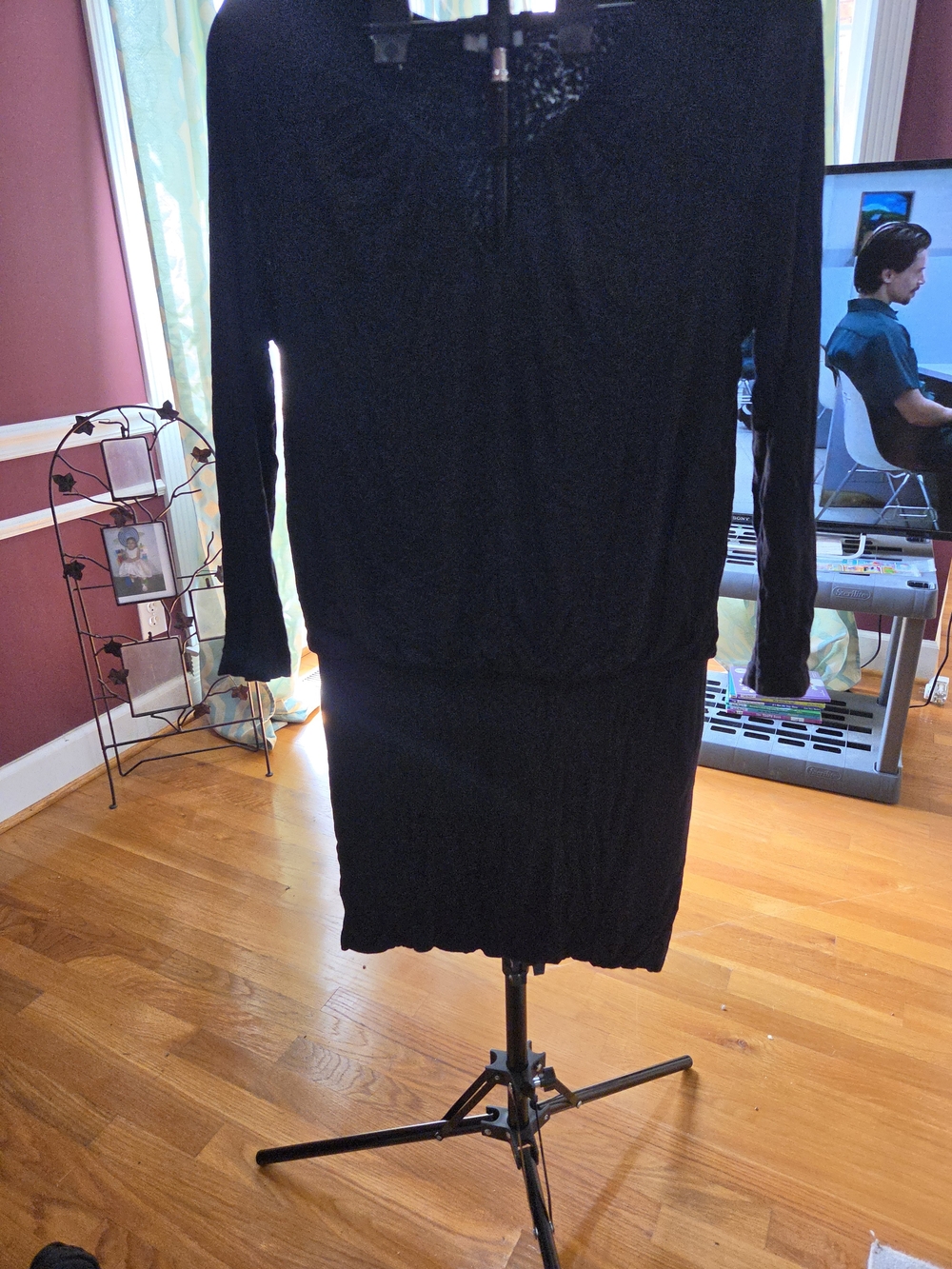Bar III Black Long-Sleeve Knit Dress with Blouson Waist